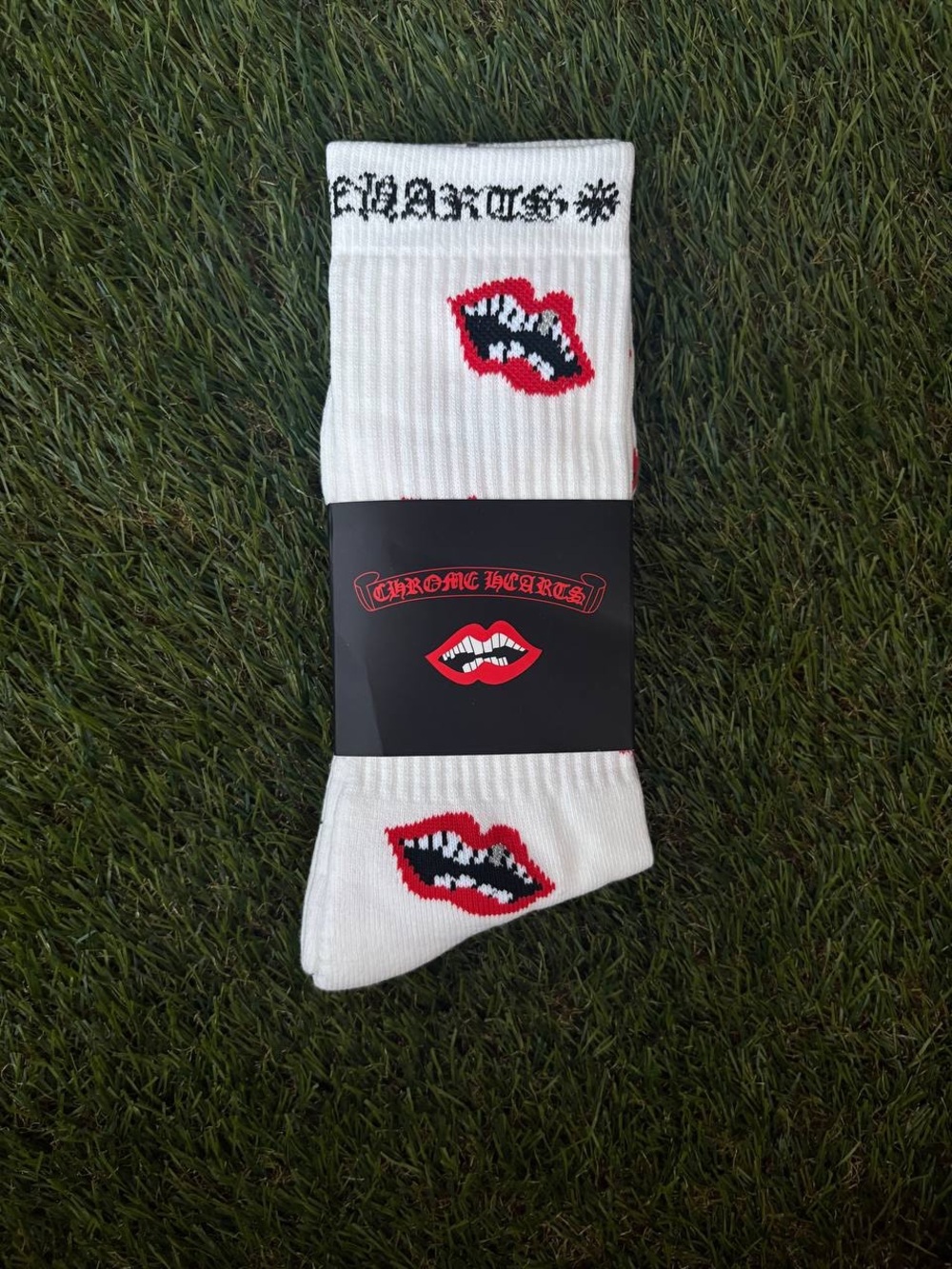 Chrome Hearts White Crew Socks with Red Lip Motif